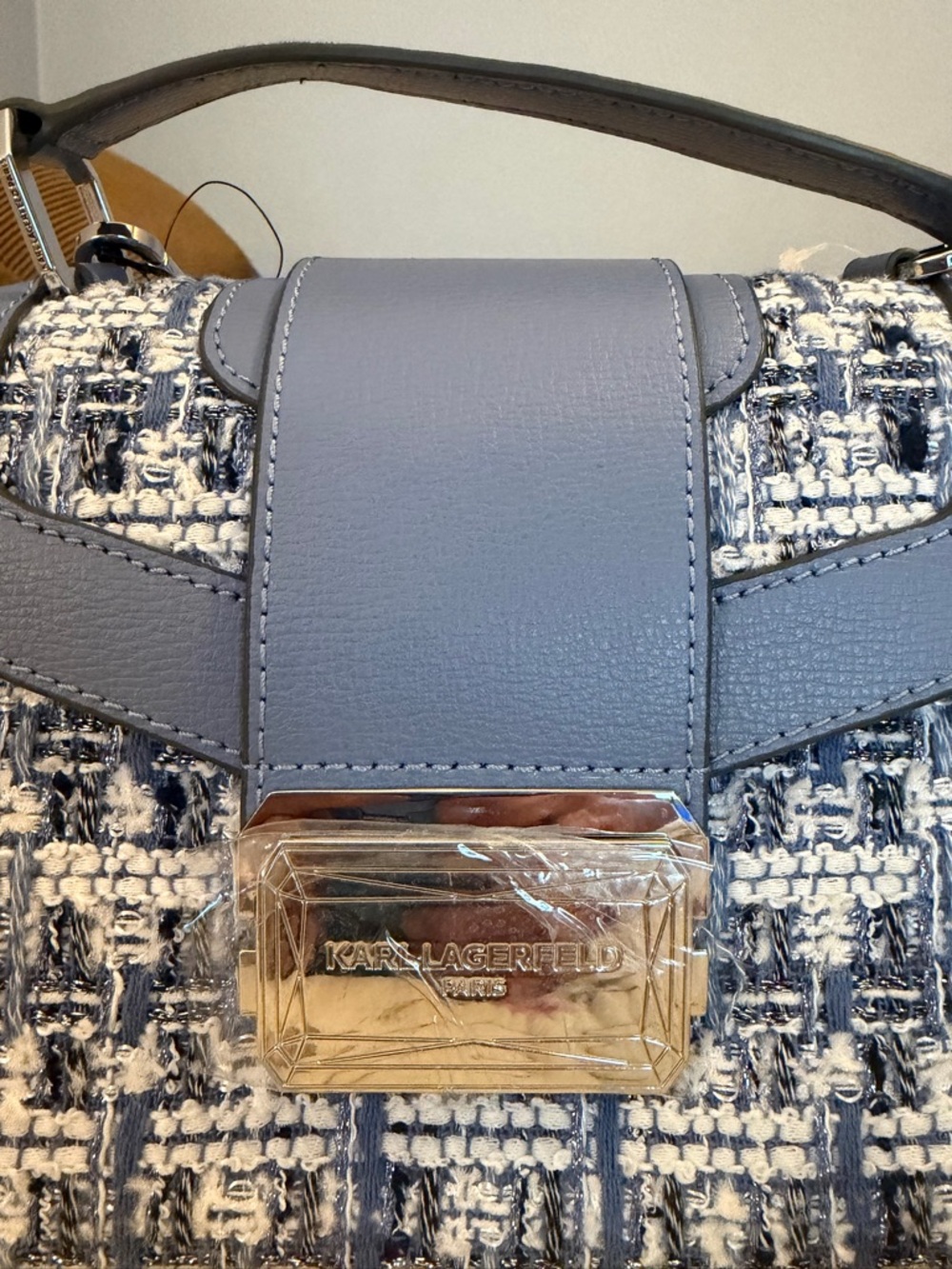 Karl Lagerfeld Light Blue Tweed Top-Handle Mini Bag. MSRP $248.00 - Picture 10 of 13